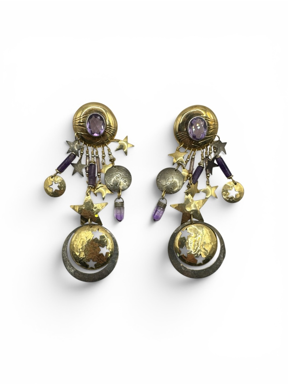 Vintage Sterling Silver 14K GF Tabra Purple Tourmaline Amethyst Earrings 4”